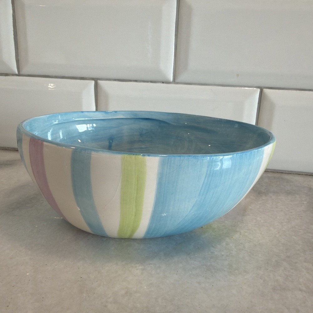 Vtg Easter Egg Shaped Dip Party Bowl Striped‎ 6" x4" x 2.5" Ceramic